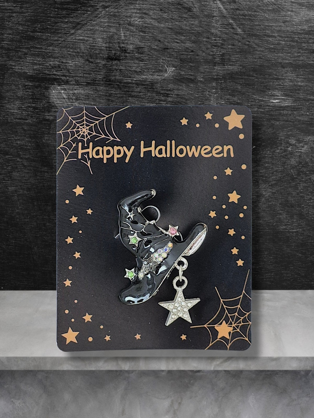 Black Witch's Hat Brooch Pin with Star Charm & Multicolored Crystals